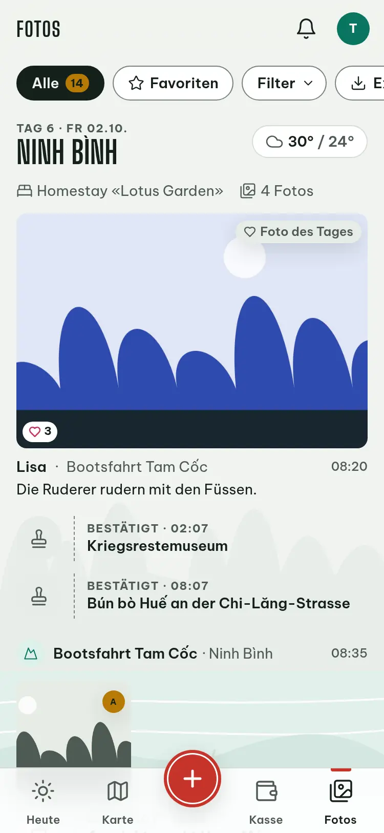Bildschirmfoto: Timeline mit Fotos nach Reisetagen