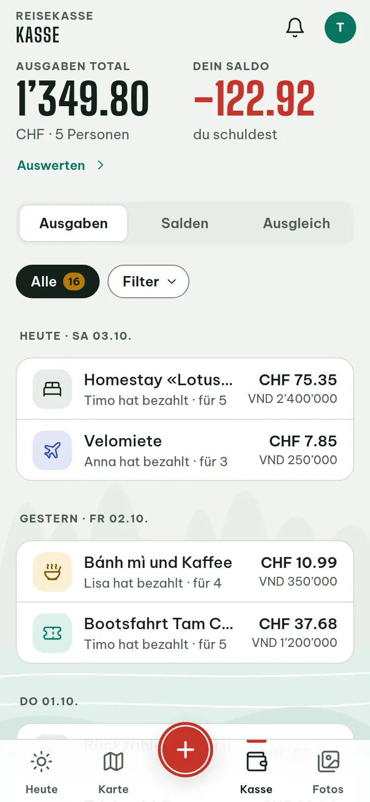 Bildschirmfoto: Reisekasse mit Salden