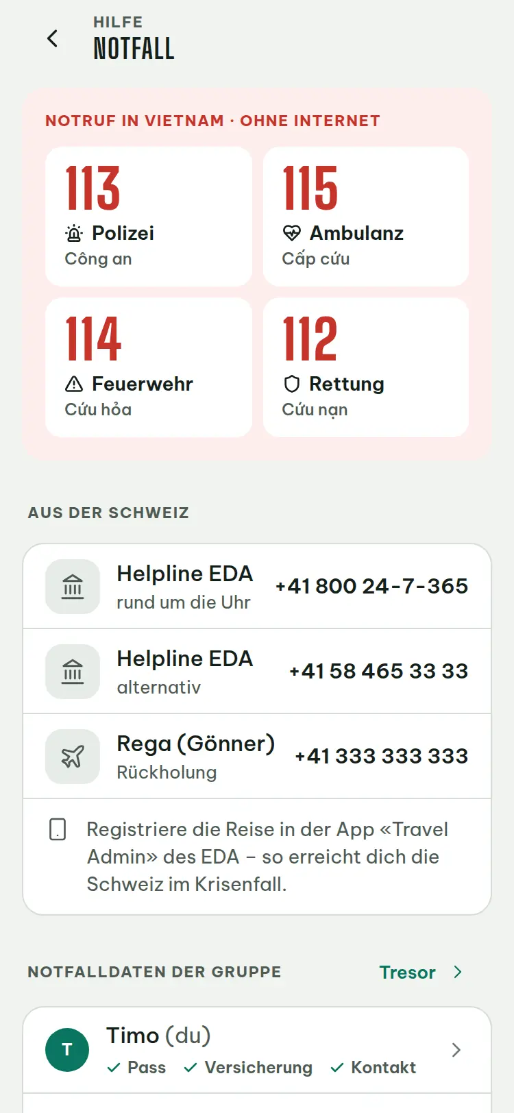 Bildschirmfoto: Notfall-Seite mit Notrufnummern