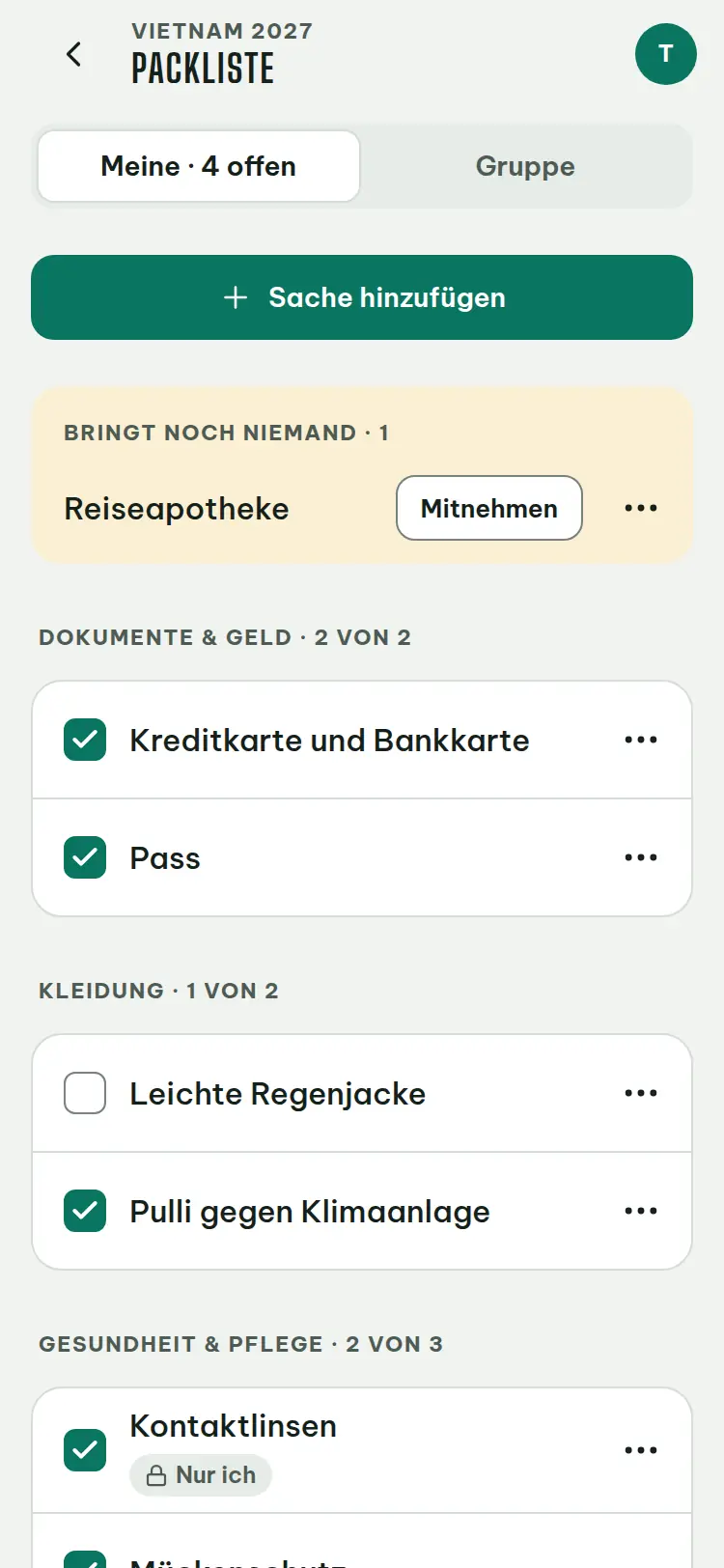 Bildschirmfoto: Packliste der Gruppe