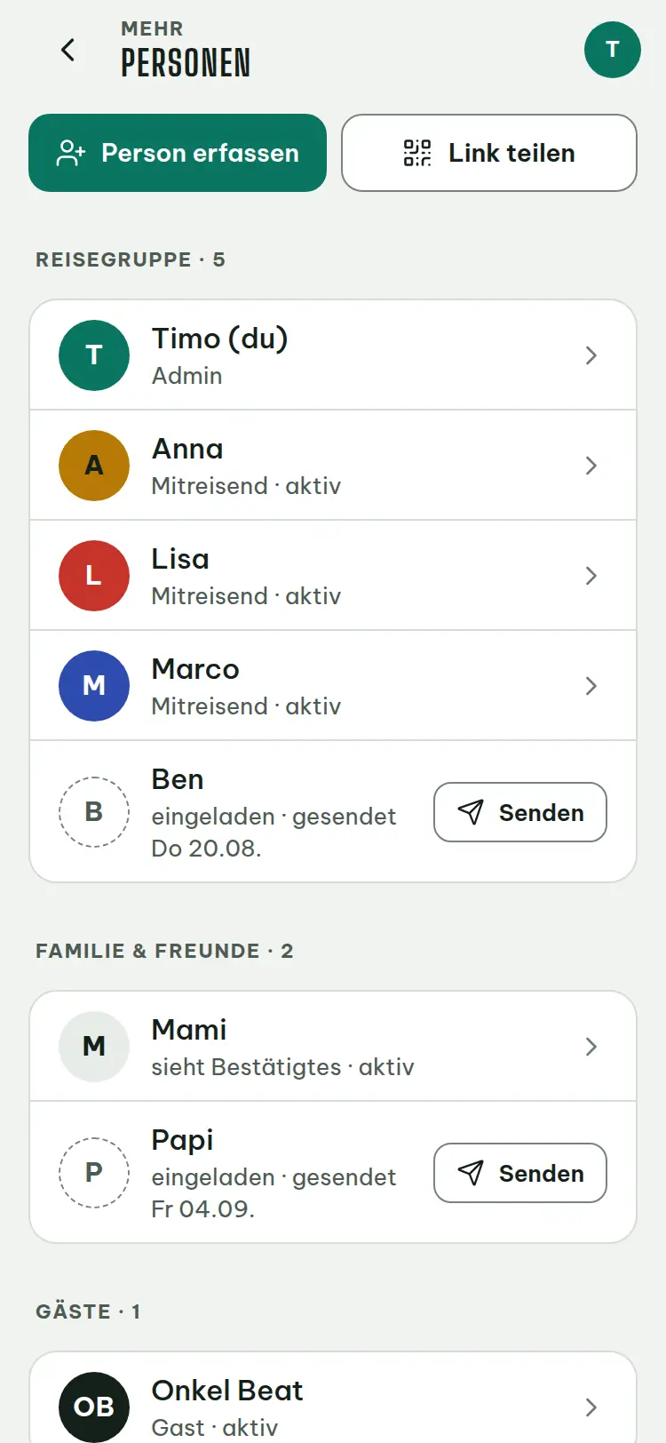 Bildschirmfoto: Personen der Reise mit Rollen