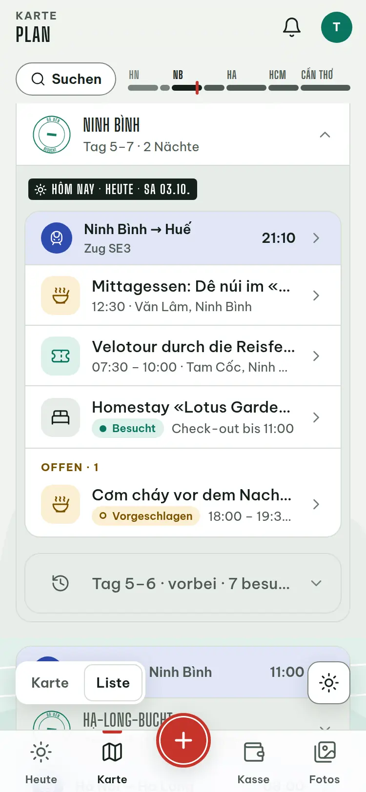 Bildschirmfoto: Plan mit Etappen und Tagen