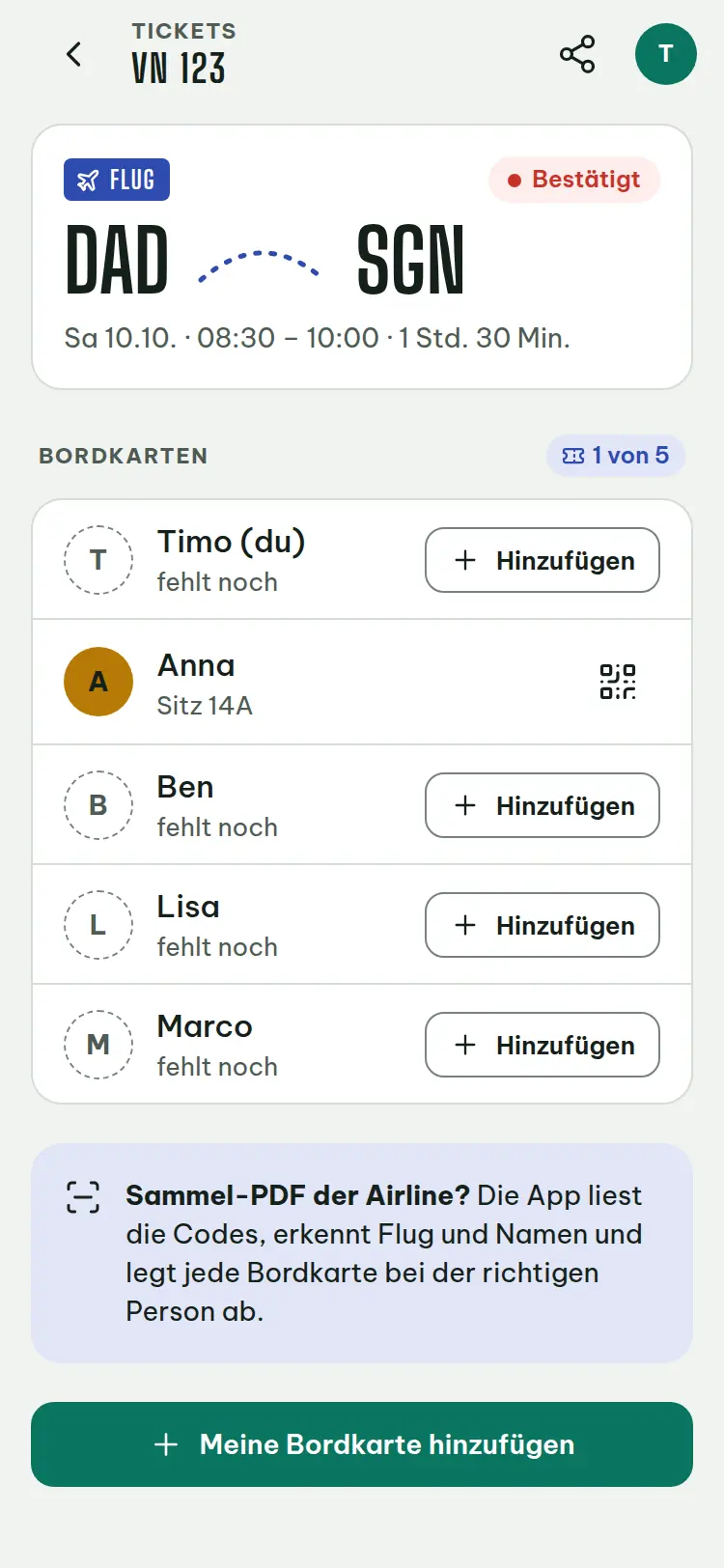 Bildschirmfoto: Tickets und Bordkarten der Gruppe