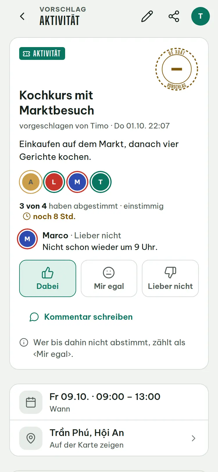 Bildschirmfoto: Vorschlag mit Stimmen und Frist